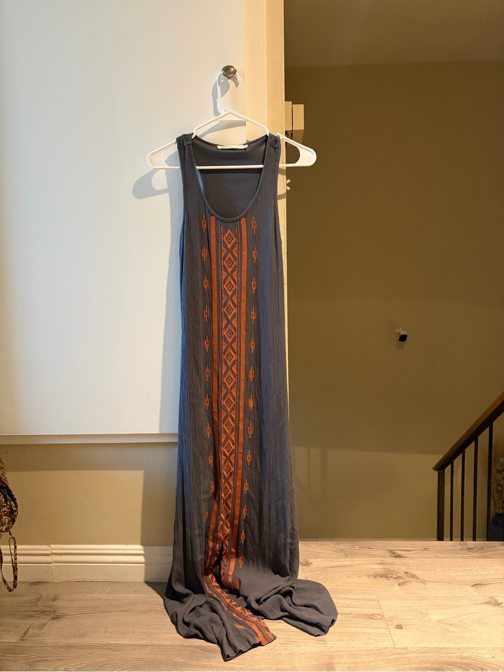 Solitaire Gray Maxi Dress with Rust Embroidered Panel, size XS